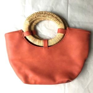 Anthropologie Woven Wicker Ring Handle Orange Vegan Leather Mini Tote Purse